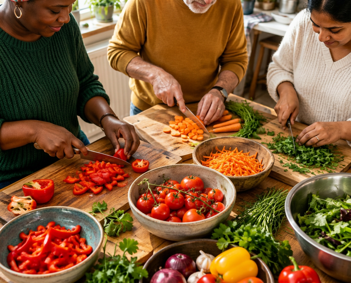 Illustrative image of multicultural volunteers preparing fresh vegetables together