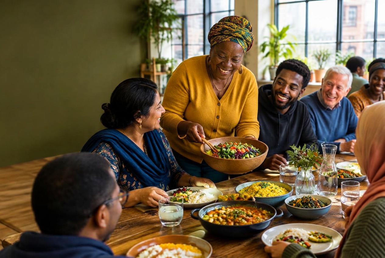 Illustrative image of a diverse group sharing food and conversation at a community table