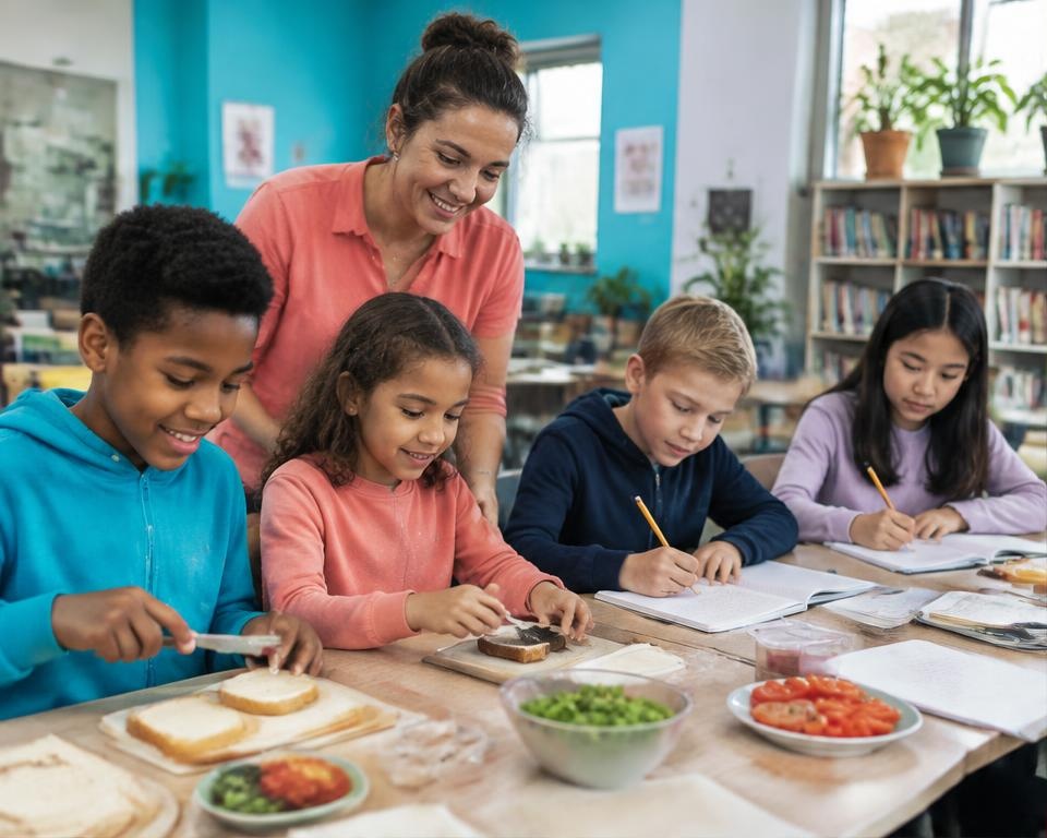 Illustrative scene for Kids Kitchen and Homework Club, not an existing P-O-M-S Kitchen session